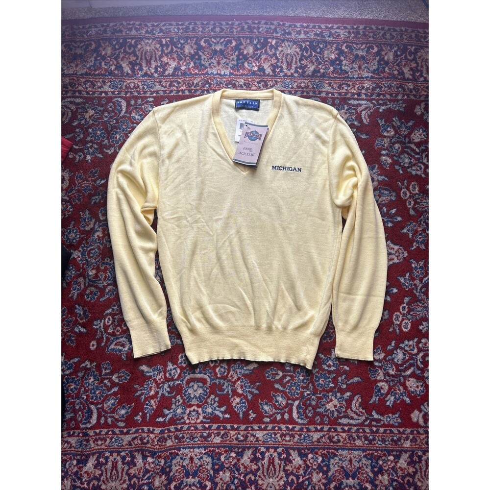 VINTAGE 90s Michigan Embroidered Sweater Men's L V-Neck Maize Made In USA NWT